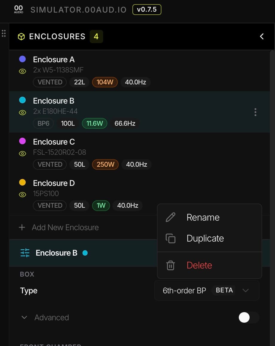 Enclosure list showing four speaker designs with type, volume, power and tuning frequency