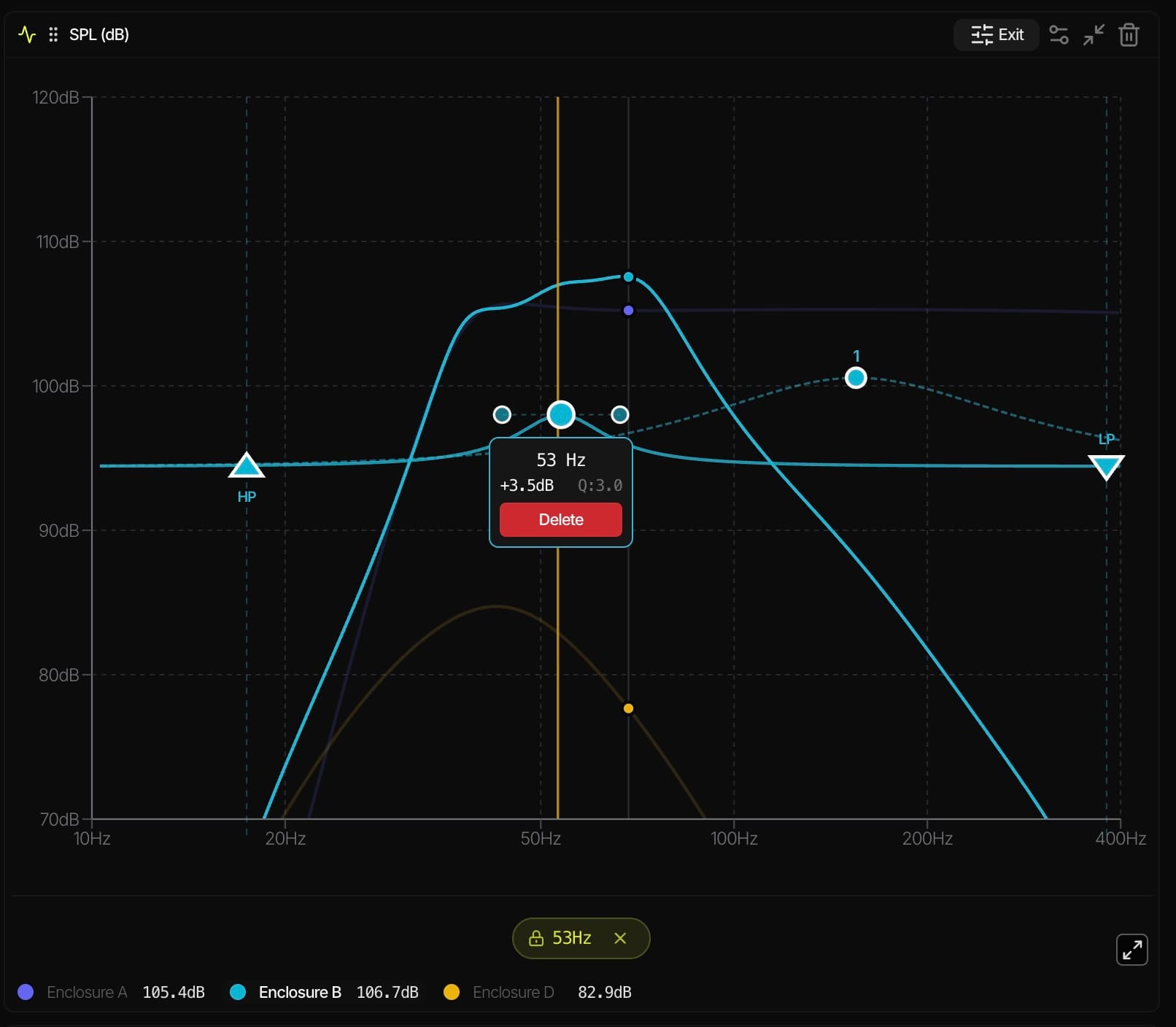 On-graph parametric EQ editor showing draggable filter nodes on the SPL response curve