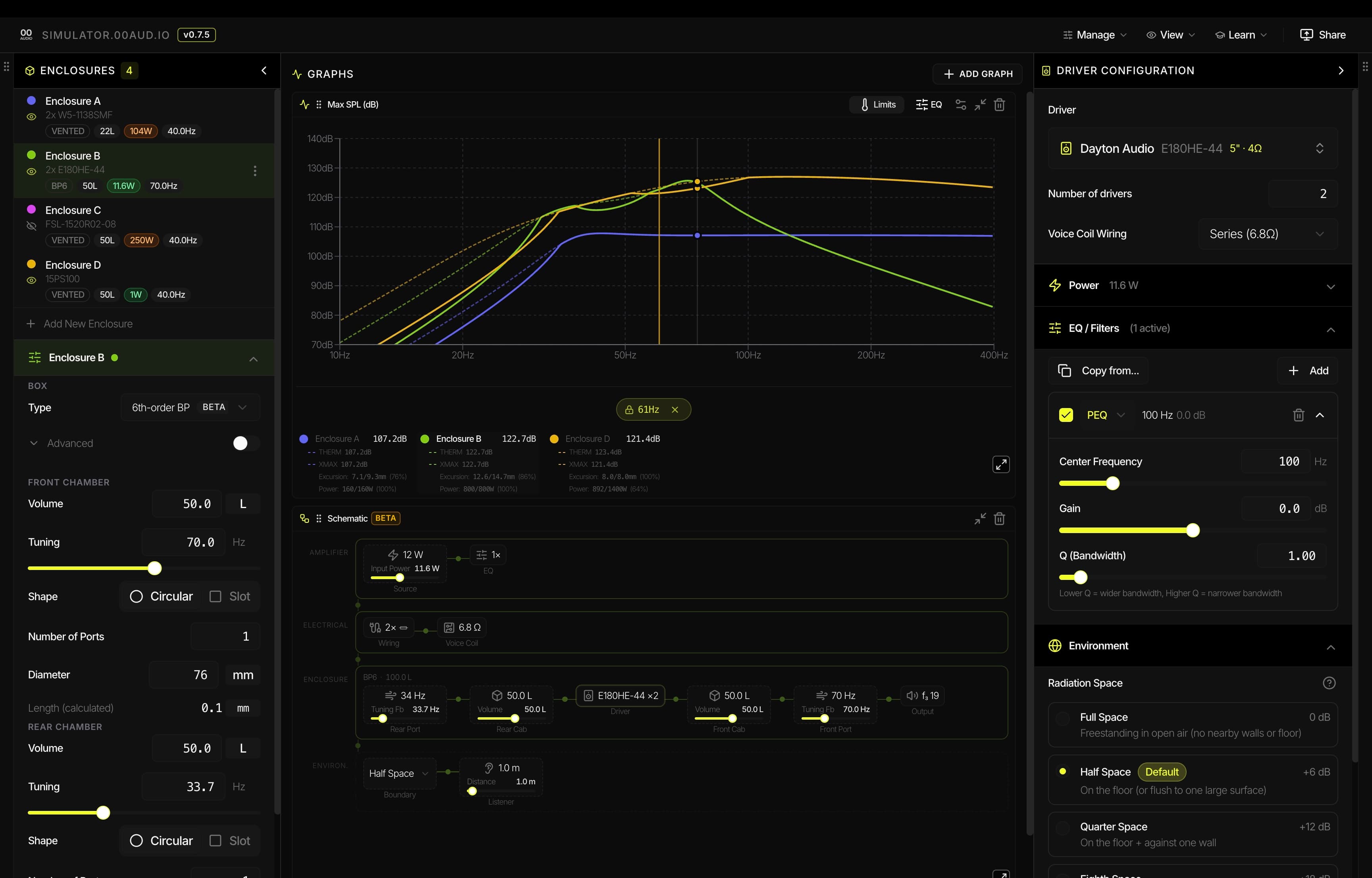 00 Audio Simulator showing frequency response, excursion, impedance and port velocity plots for multiple loudspeaker enclosure designs including sealed, vented and bandpass alignments